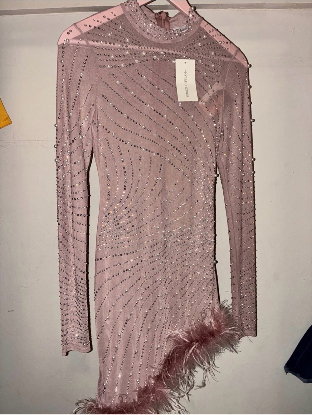 Dolls kill Embellished Pink High-Neck Long-Sleeve Mini Dress with Feather Hem